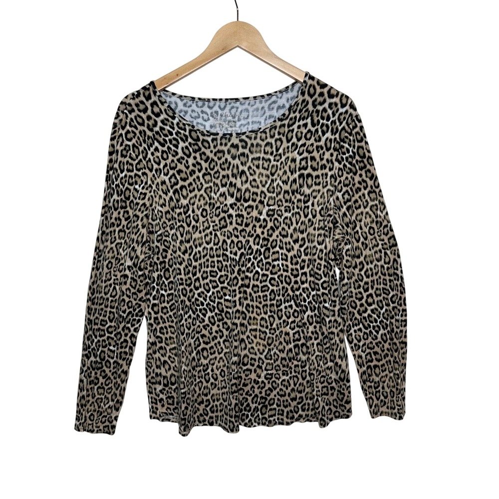 Chico's Animal Leopard Print Long Sleeve Top size 2 (US Large) Tan/Black